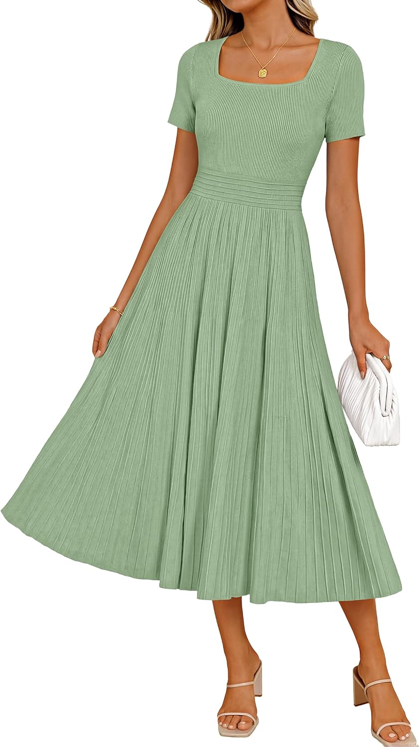 ZESICA Womens Elegant Pleated Wedding Guest Midi Sweater Dress | Square Neck, Short Sleeve, A-Line, Business Casual Outfits, For Summer, Early Fall, Winter Layering