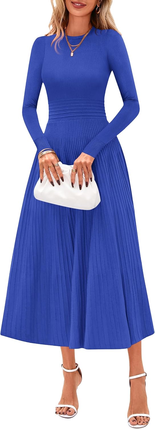 PRETTYGARDEN Women's Long Sleeve Knit Maxi Sweater Dress | Soft Pleated, Slim Fit A Line, Elegant Fall Wedding Guest Cocktail Holiday Parties Church Long Dresses, 2026 Winter Clothes
