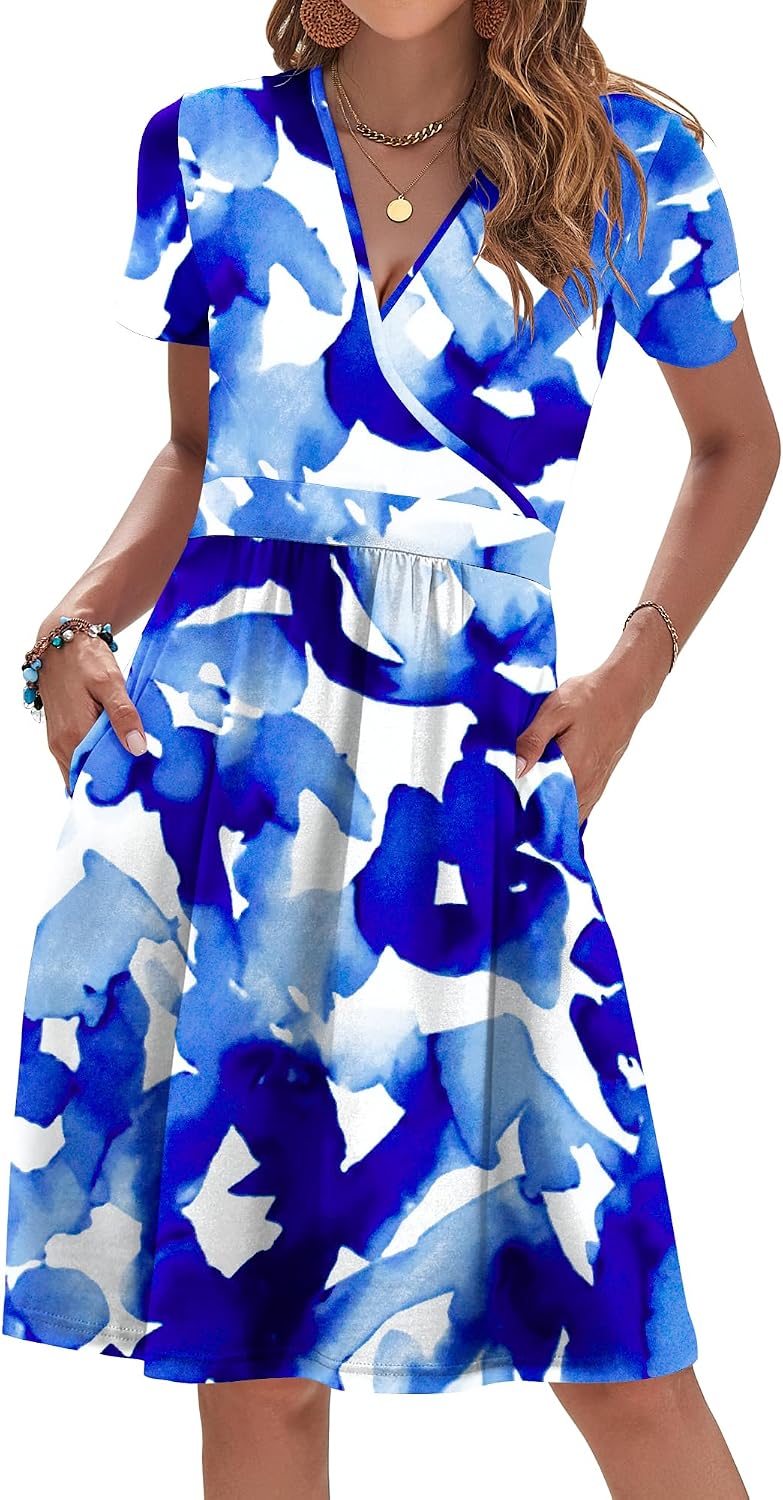AUSELILY Womens Summer Dresses 2026 Short Sleeve V Neck Faux Wrap Dress | Surplice front, Pockets set into the skirt, Vacation dress for sightseeing, Style low heels with simple jewelry