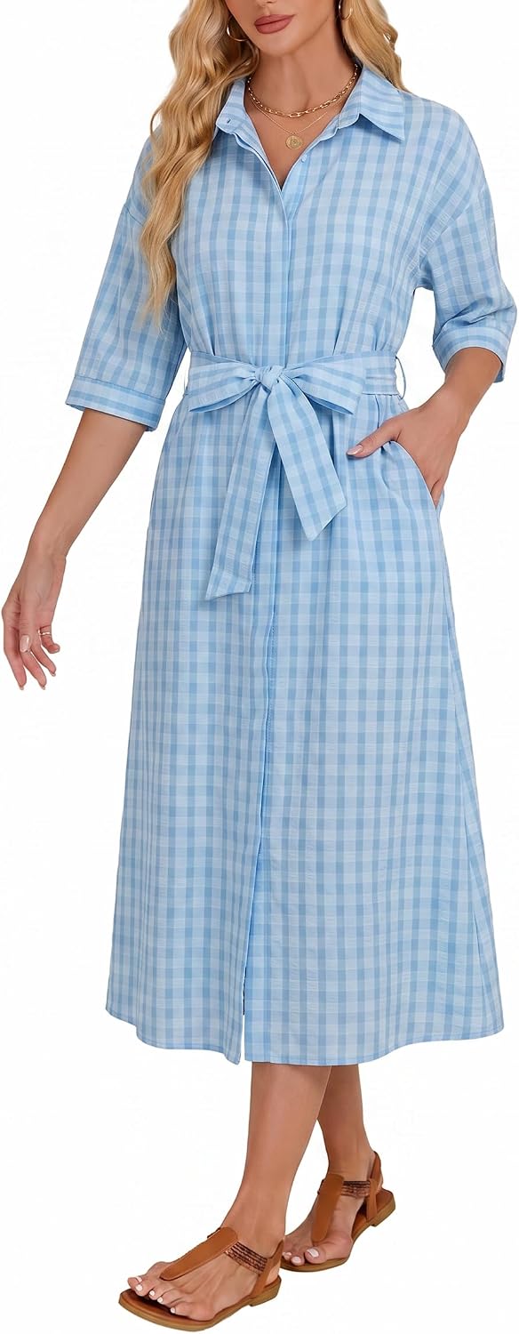 Women's 2026 Summer Gingham Maxi Dress Half Sleeve Casual Plaid Button Down Long Belted Shirt Dress