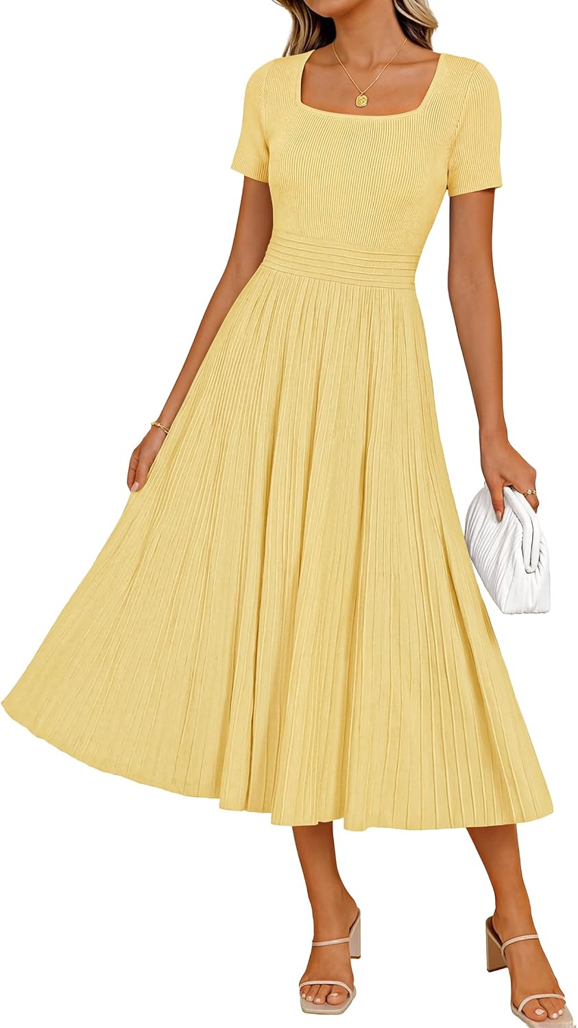 ZESICA Womens Elegant Pleated Wedding Guest Midi Sweater Dress | Square Neck, Short Sleeve, A-Line, Business Casual Outfits, For Summer, Early Fall, Winter Layering