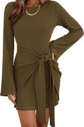 dowerme Women Bell Long Sleeve Tie Waist Bodycon Mini Dress | Casual Fall Fashion Boat Neck Short Dresses 2026,Cute Winter Tie Front Party Vacation Clothes,Soft Ribbed Knit Spring Outfits