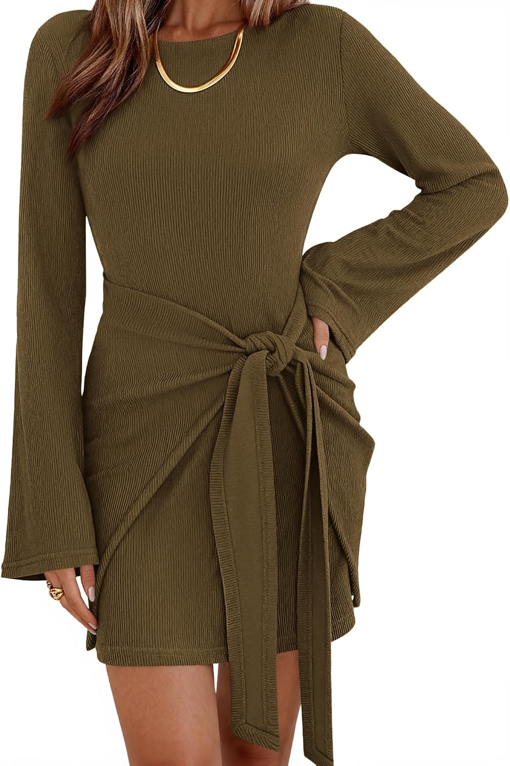 dowerme Women Bell Long Sleeve Tie Waist Bodycon Mini Dress | Casual Fall Fashion Boat Neck Short Dresses 2026,Cute Winter Tie Front Party Vacation Clothes,Soft Ribbed Knit Spring Outfits