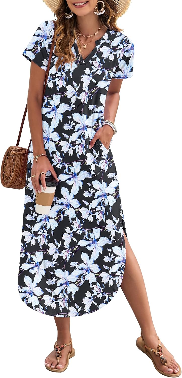 MISFAY Women's Short Sleeves Summer Maxi Dresses with Pocket | Notched V-neck, Side Splits, Two Pockets, Swing Sundress Hem, Loose Shirt Dress Fit, Ankle Length, Beach Vacation Outfits