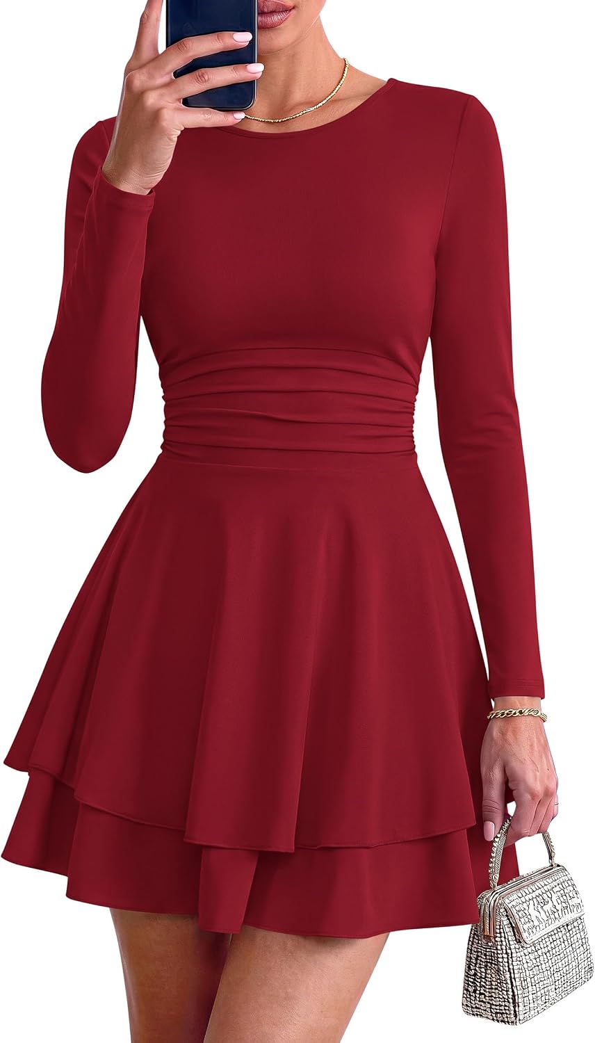 PRETTYGARDEN Womens Fit and Flare Crewneck Long Sleeve Mini Dress | Ruched Waist,Tiered Ruffle Hem,Flowy Short Sundress,Party Cocktail Homecoming Dresses,Date Night Semi Formal Cruise Outfits