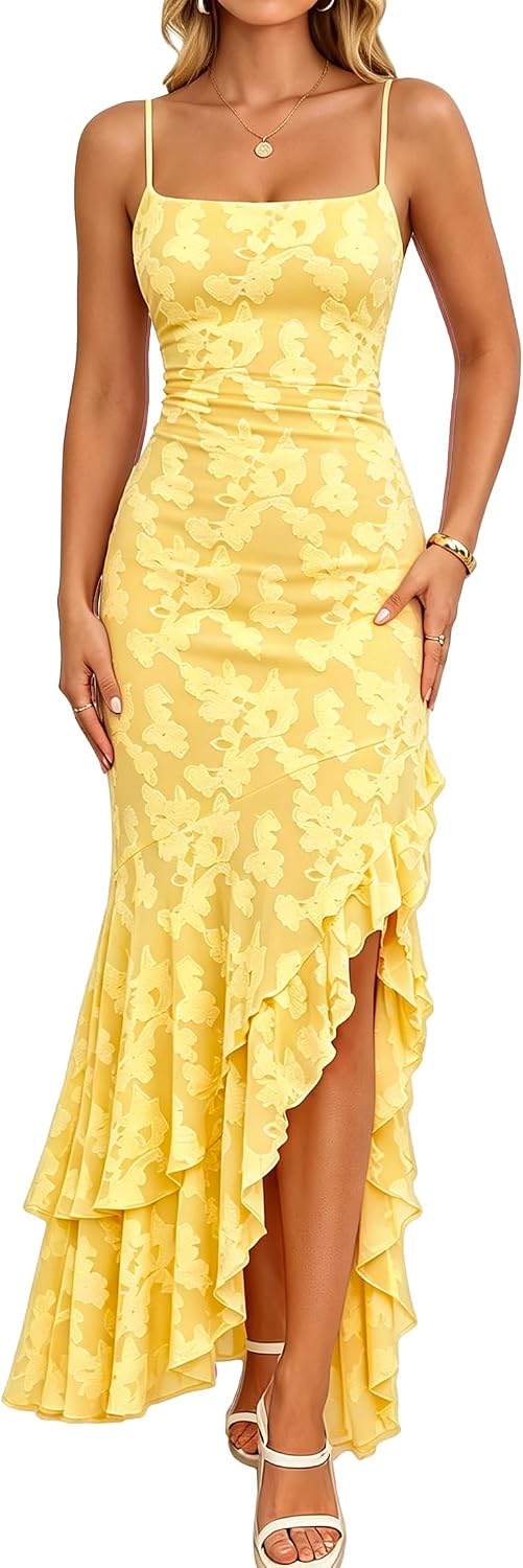 Kaximil Women's Floral Mermaid Cocktail Wedding Guest Maxi Dress | Elegant Spaghetti Strap Ruffle Ruched Bodycon Formal Long Dresses
