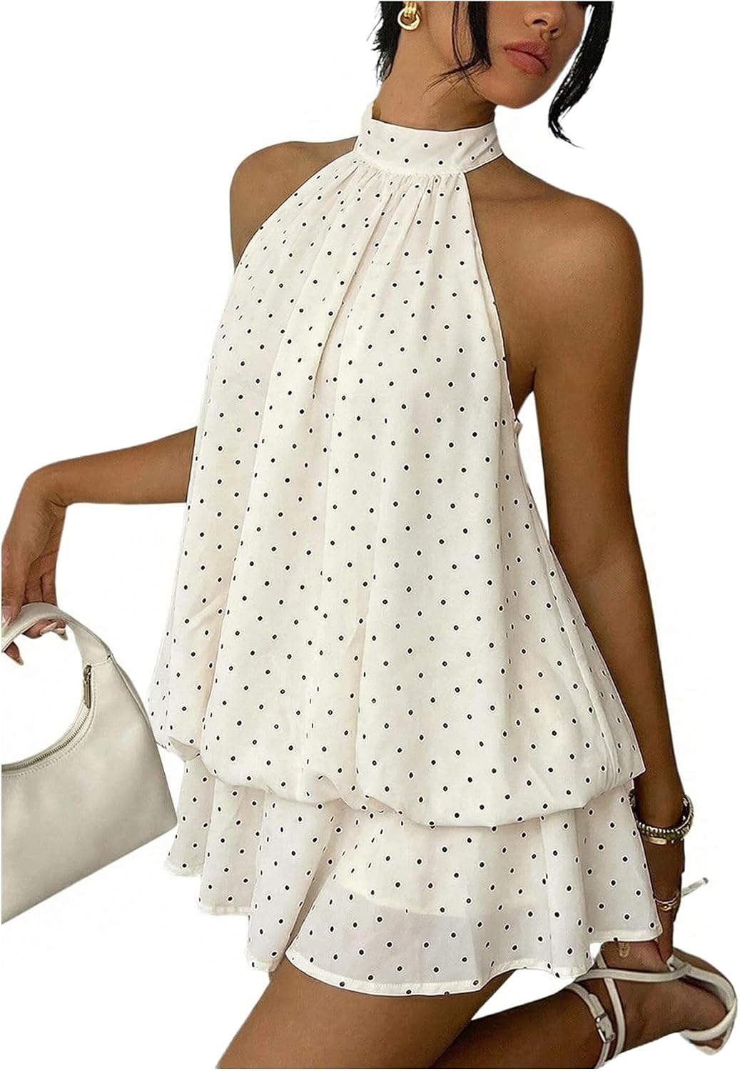 SHENHE Women's Halter Polka Dots Backless Ruffle Hem Mini Party Dress | Flowy Layered Bubble Ruffle Cut, Suitable for Party Holiday and Wedding Occasion Styling