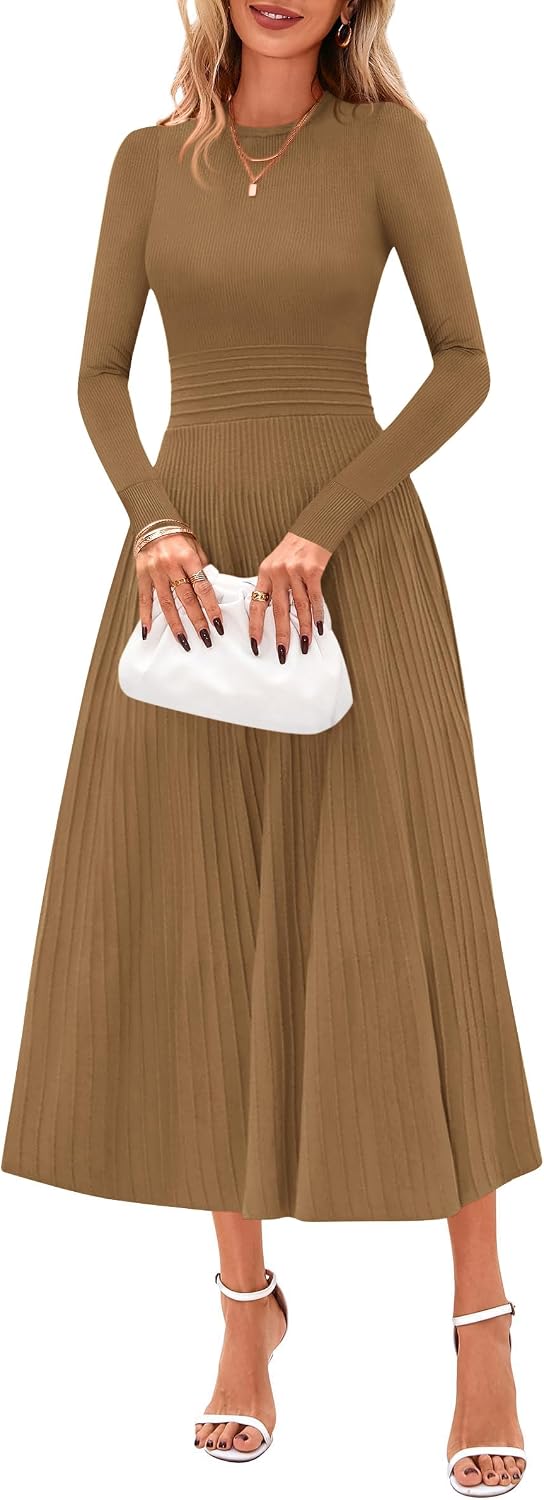 PRETTYGARDEN Women's Long Sleeve Knit Maxi Sweater Dress | Soft Pleated, Slim Fit A Line, Elegant Fall Wedding Guest Cocktail Holiday Parties Church Long Dresses, 2026 Winter Clothes