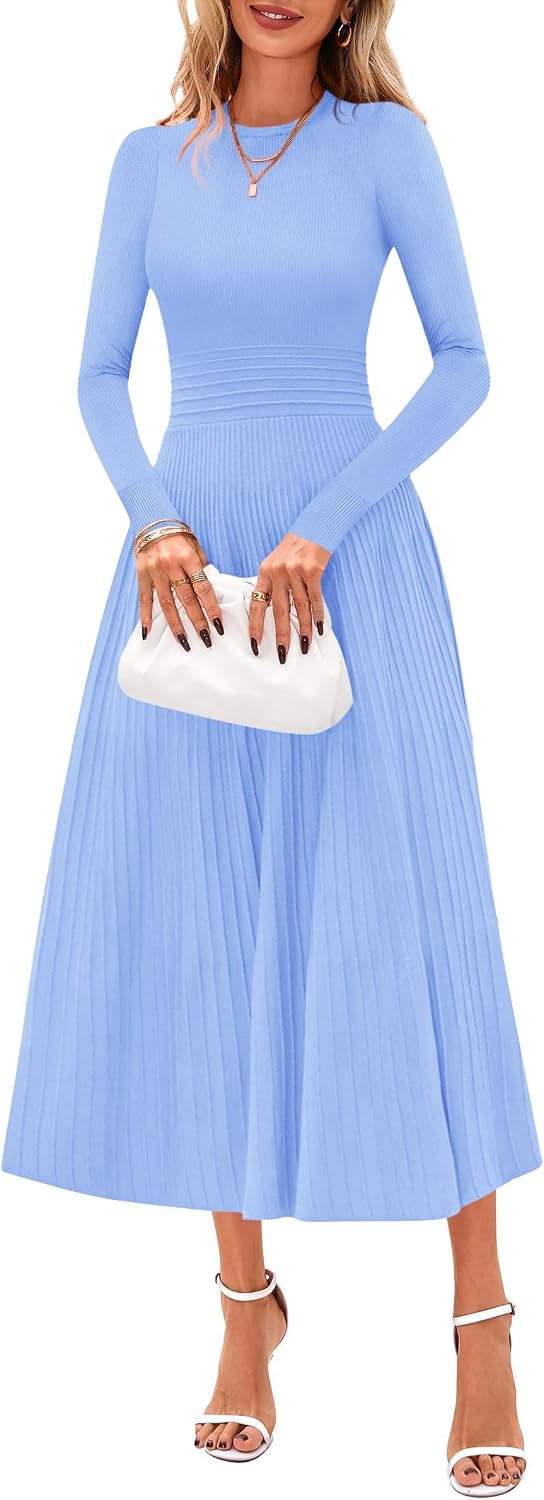 PRETTYGARDEN Women's Long Sleeve Knit Maxi Sweater Dress | Soft Pleated, Slim Fit A Line, Elegant Fall Wedding Guest Cocktail Holiday Parties Church Long Dresses, 2026 Winter Clothes
