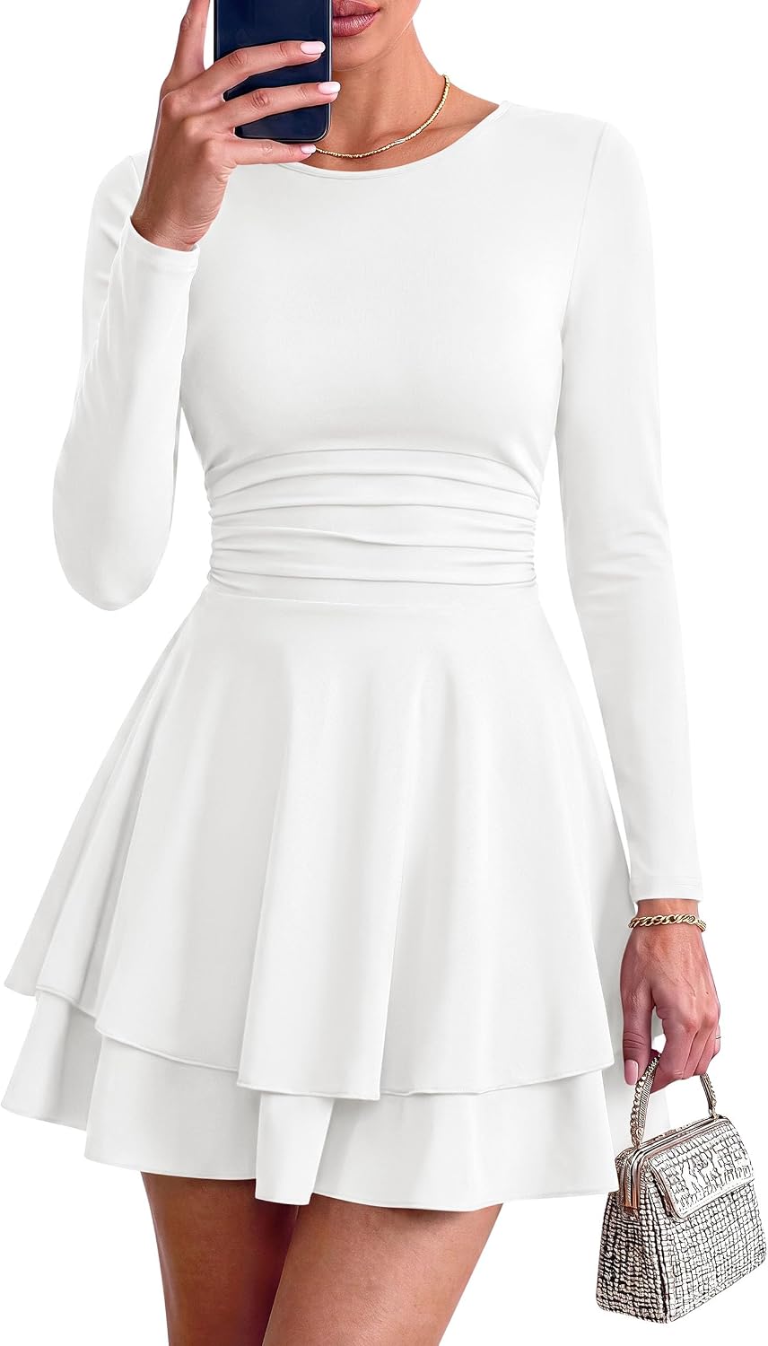 PRETTYGARDEN Womens Fit and Flare Crewneck Long Sleeve Mini Dress | Ruched Waist,Tiered Ruffle Hem,Flowy Short Sundress,Party Cocktail Homecoming Dresses,Date Night Semi Formal Cruise Outfits