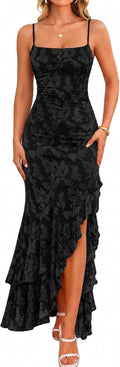 Kaximil Women's Floral Mermaid Cocktail Wedding Guest Maxi Dress | Elegant Spaghetti Strap Ruffle Ruched Bodycon Formal Long Dresses