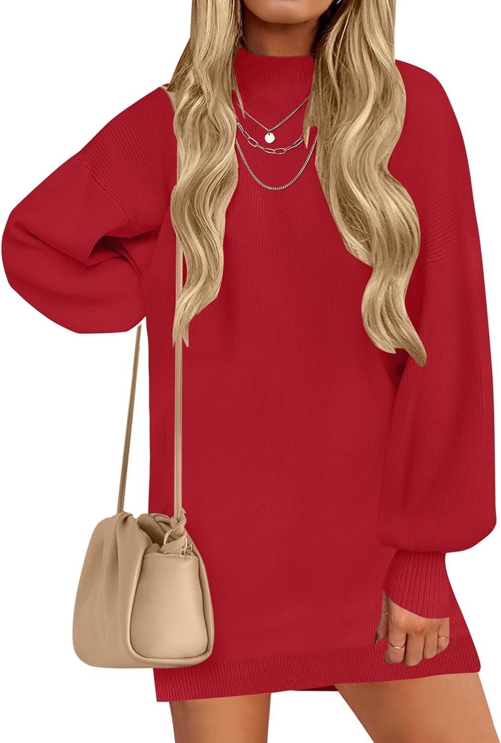 ZESICA Women's 2026 Fall Mock Neck Mini Sweater Dress Pullover Knit Dresses | Long Lantern Sleeve, Oversized, Soft, Cozy, Ribbed Knit, Elegant, 2026 Fall Fashion, Winter Dresses, Dressy Casual Clothes