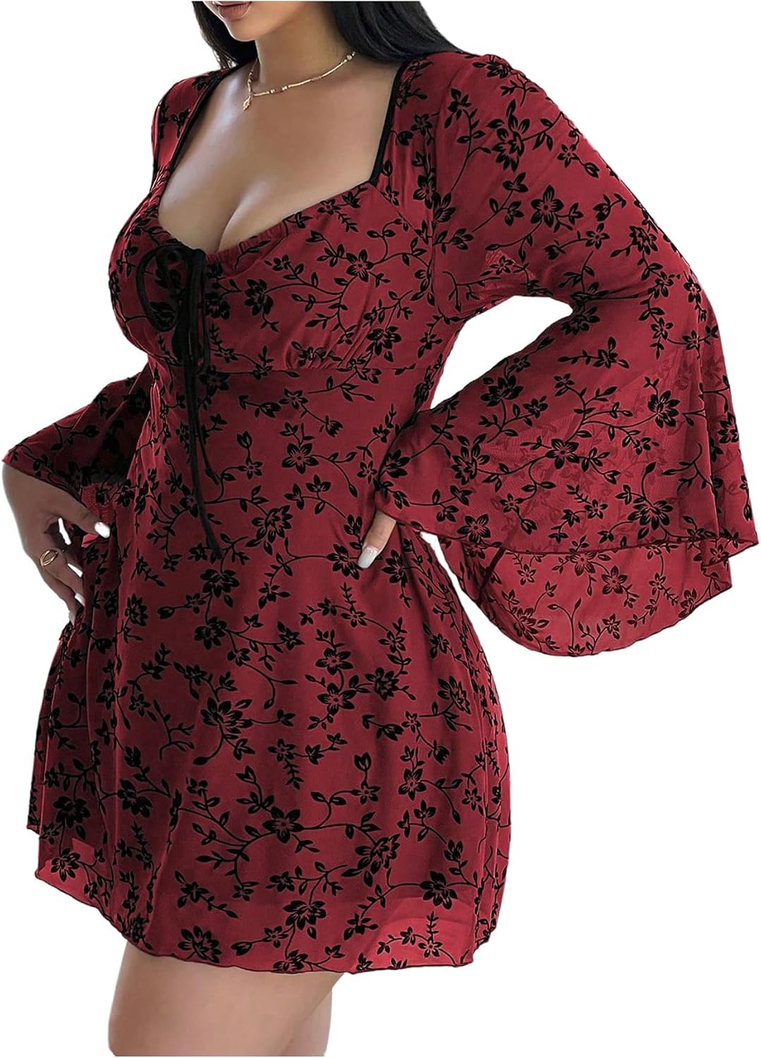 Floerns Women's Plus Size Floral Gothic Dress Flare Long Sleeve Mesh Grunge A Line Dress