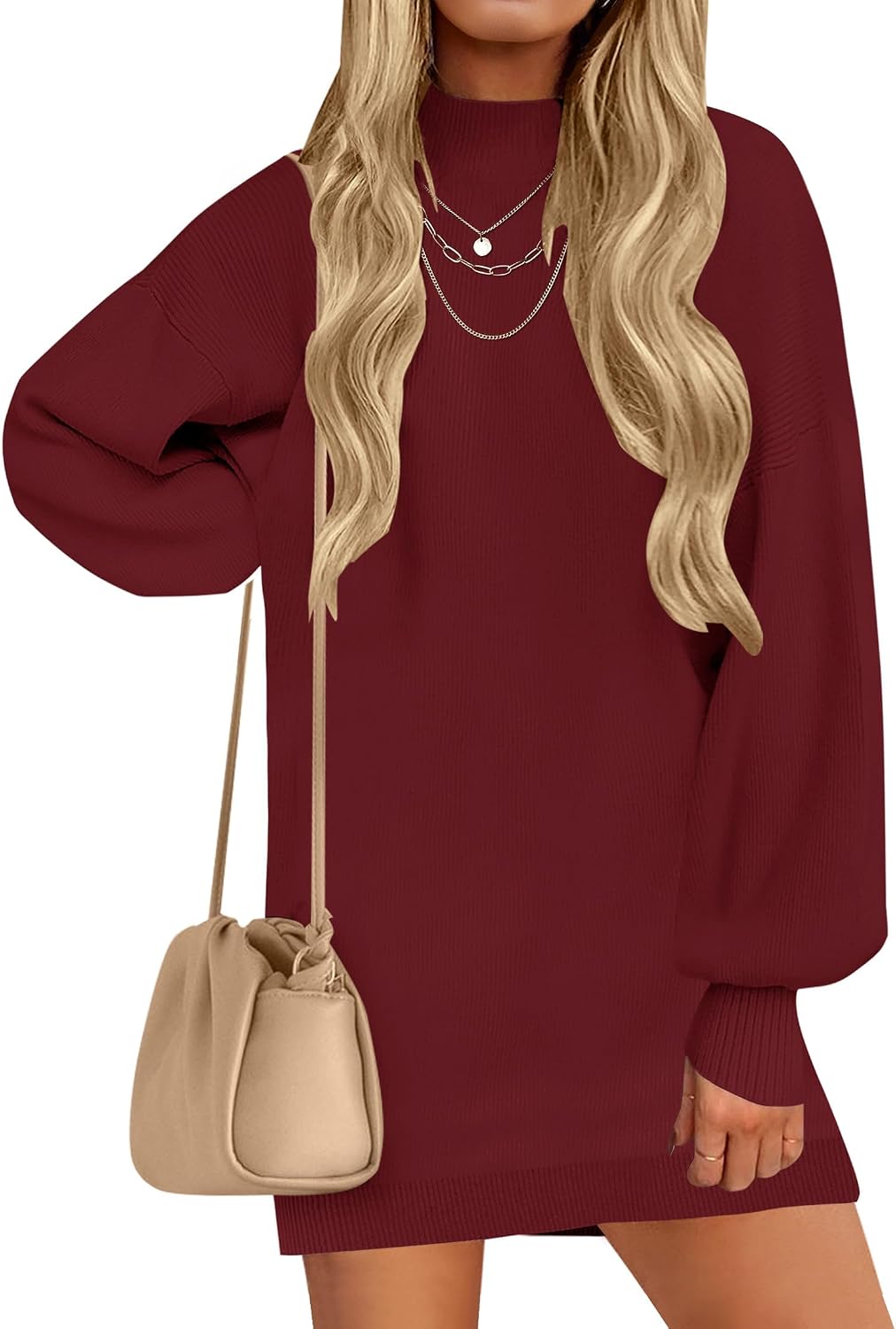 ZESICA Women's 2026 Fall Mock Neck Mini Sweater Dress Pullover Knit Dresses | Long Lantern Sleeve, Oversized, Soft, Cozy, Ribbed Knit, Elegant, 2026 Fall Fashion, Winter Dresses, Dressy Casual Clothes