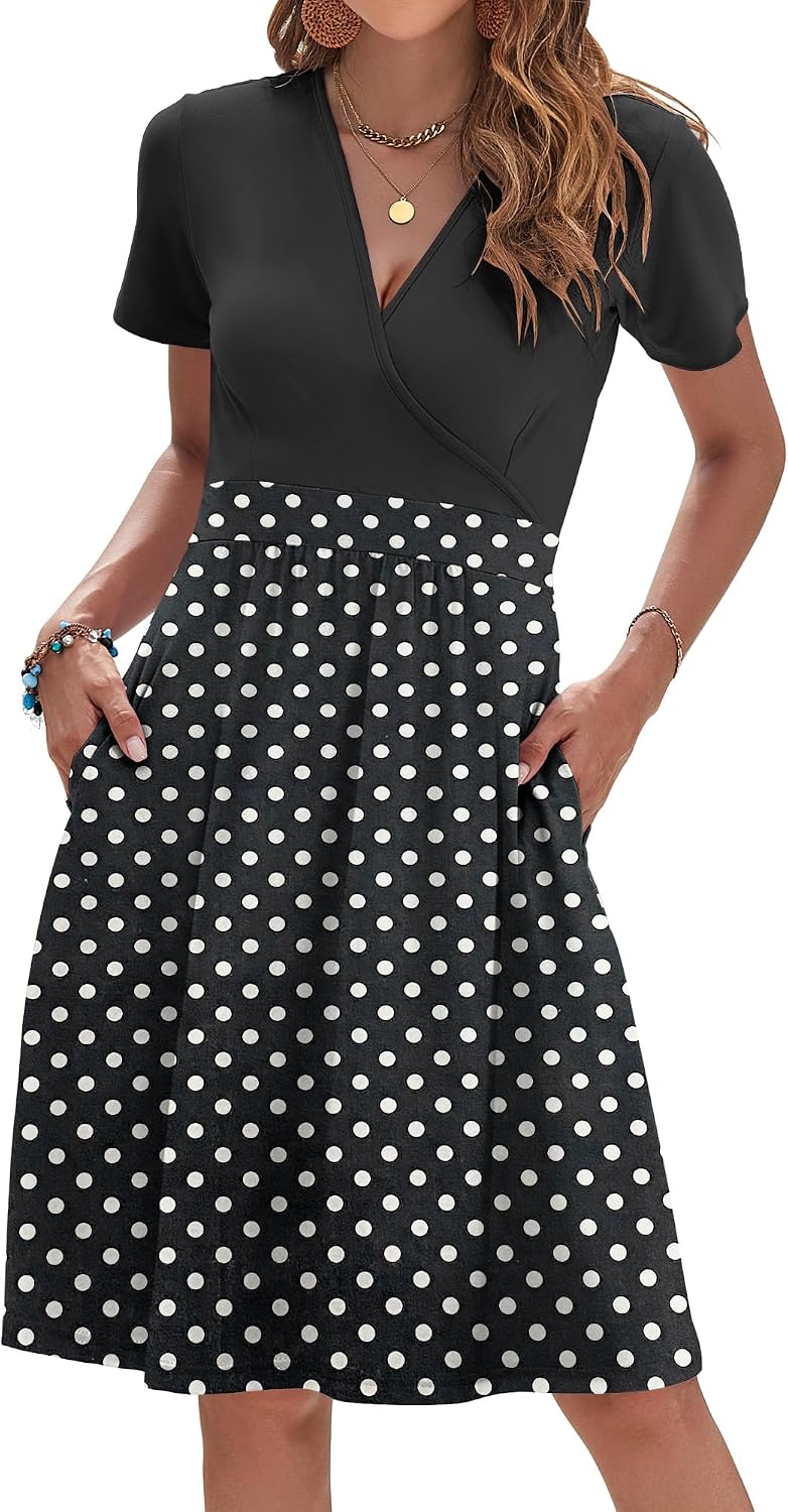 AUSELILY Womens Summer Dresses 2026 Short Sleeve V Neck Faux Wrap Dress | Surplice front, Pockets set into the skirt, Vacation dress for sightseeing, Style low heels with simple jewelry