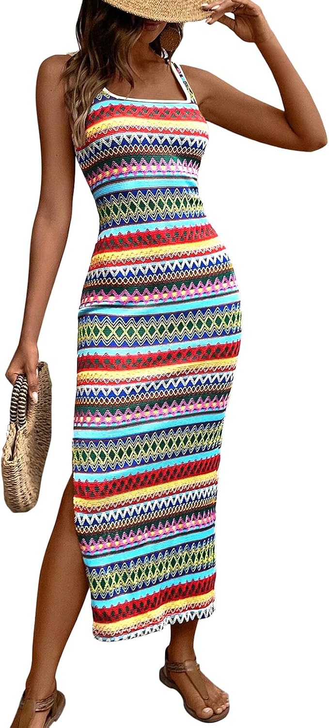 PRETTYGARDEN Tank Dress for Women 2026 Summer Casual Striped Maxi Sundress | Square Neck, Slim Fitted, Sleeveless, Side Slit Maxi Dress, Date Night, Party, Beach Vacation, Boho Dress