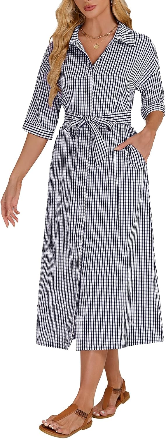 Women's 2026 Summer Gingham Maxi Dress Half Sleeve Casual Plaid Button Down Long Belted Shirt Dress