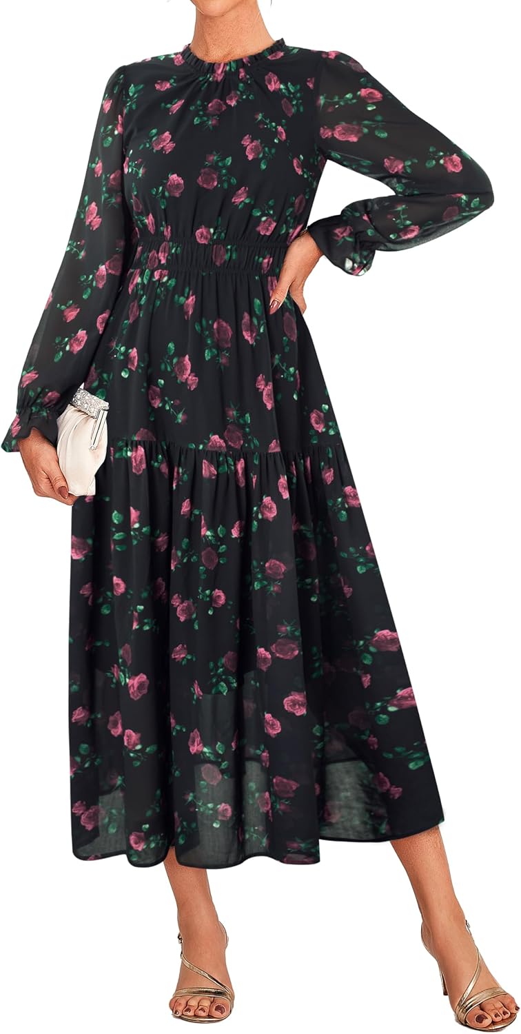 GRACE KARIN Women's Floral Long Sleeve Fall Wedding Guest Maxi Dress | 2026 Chiffon,Side Pockets,Mock Neck,Smocked Tieded,A Line Flowy Outfits Suitable for Semi Formal\/Party\/Cocktail\/Boho