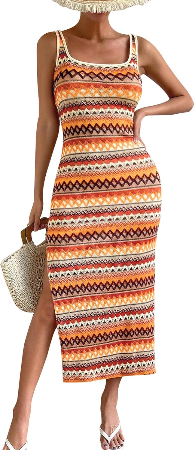 PRETTYGARDEN Tank Dress for Women 2026 Summer Casual Striped Maxi Sundress | Square Neck, Slim Fitted, Sleeveless, Side Slit Maxi Dress, Date Night, Party, Beach Vacation, Boho Dress
