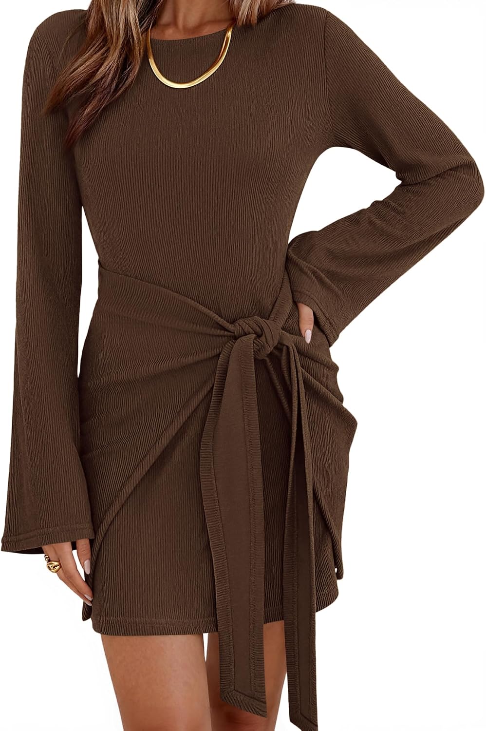 dowerme Women Bell Long Sleeve Tie Waist Bodycon Mini Dress | Casual Fall Fashion Boat Neck Short Dresses 2026,Cute Winter Tie Front Party Vacation Clothes,Soft Ribbed Knit Spring Outfits