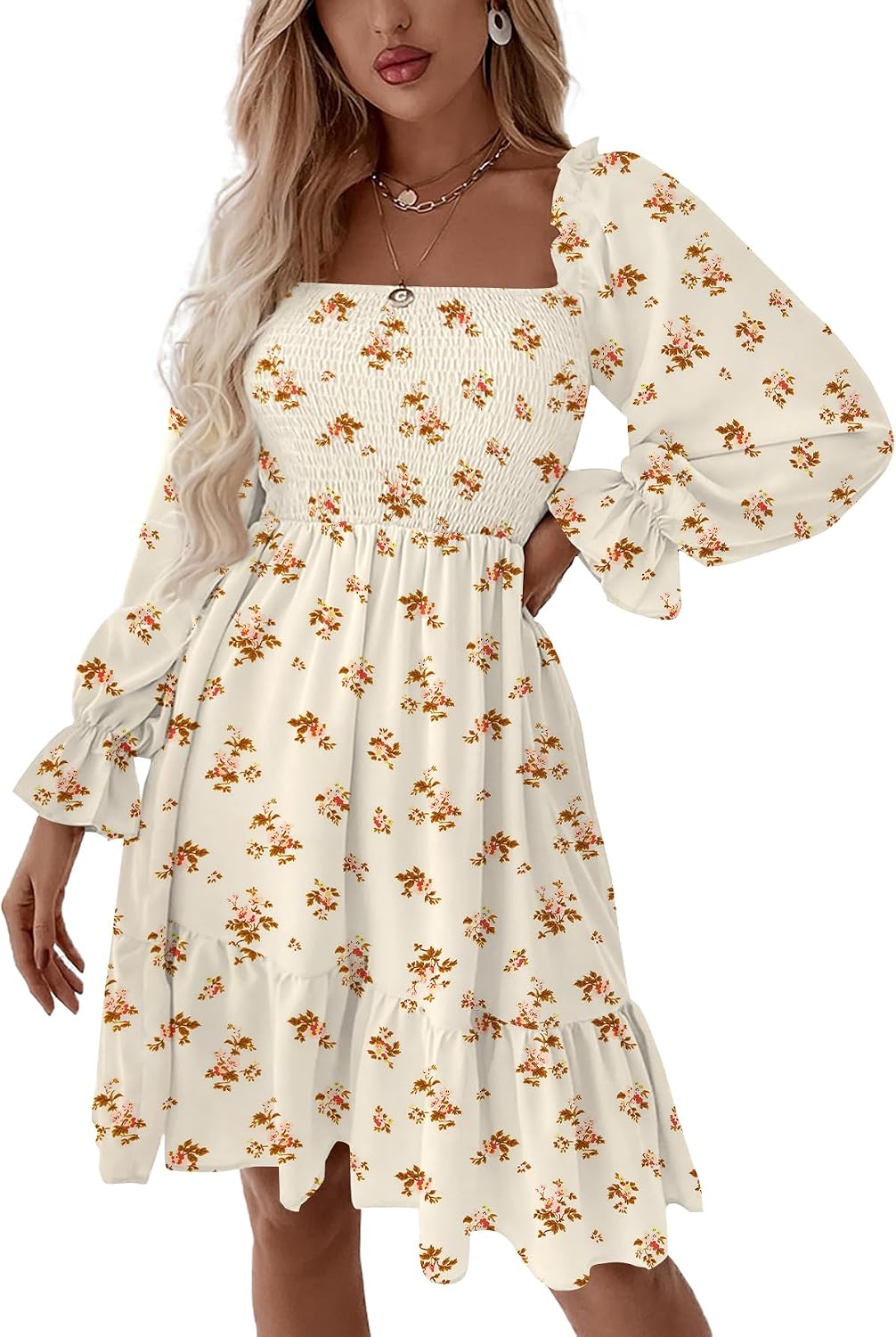 LYANER Women's Shirred Party Mini Dress | Square Neck Lantern Long Sleeve Ruffle A Line Flowy Casual Short Dresses