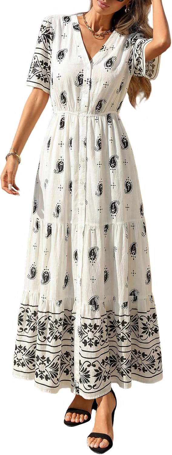 PRETTYGARDEN Womens Short Sleeve Boho Maxi Dress | Floral Tiered Flowy Fit, Fashion Button Front, V Neck Long Dresses With Pockets, Casual Beach Vacation Outfits, Summer Wear