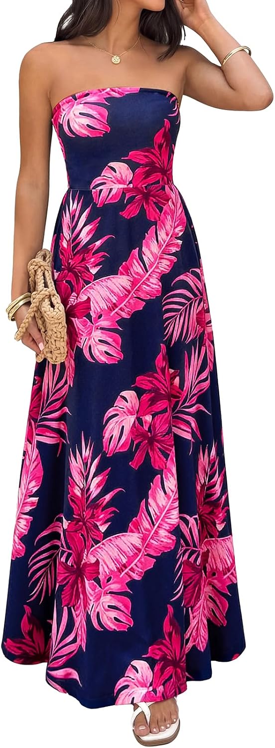 PRETTYGARDEN Sleeveless Floral Summer Maxi Dresses for Women 2026 Tube Top Flowy Long Dress Tropical Beach Vacation Clothes
