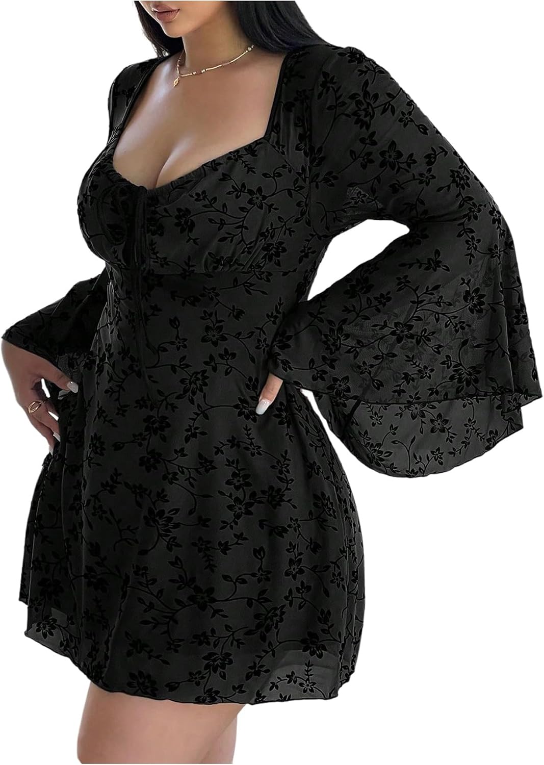 Floerns Women's Plus Size Floral Gothic Dress Flare Long Sleeve Mesh Grunge A Line Dress