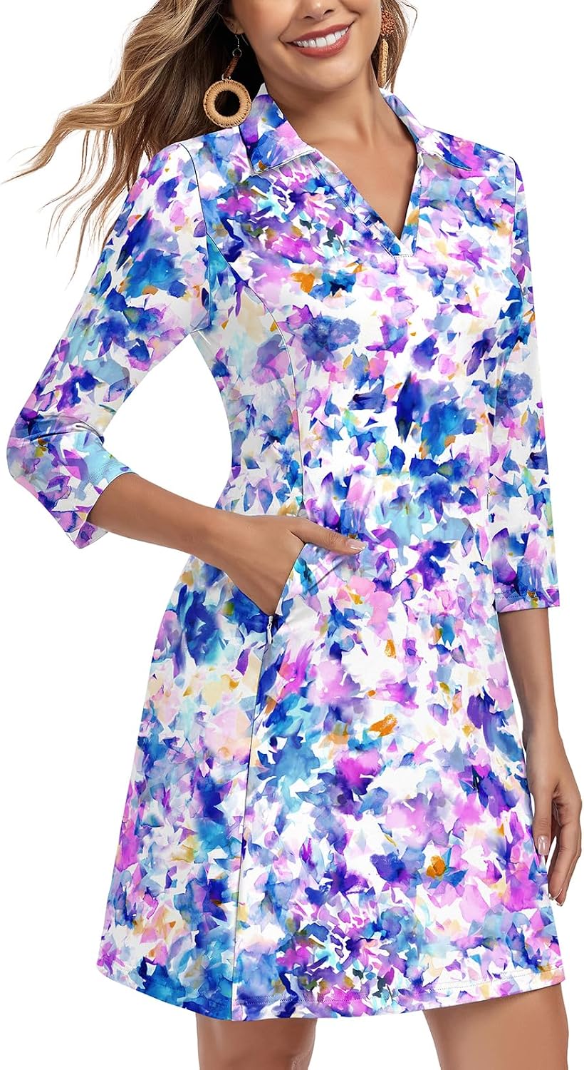 Soneven Women's 3\/4 Sleeve Dress with Pockets UPF 50+ Sun Dress Breathable Quick Dry Beach Cover Ups