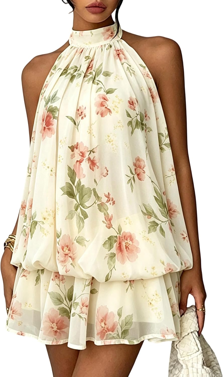Chiffon Dresses for Women Sexy Halter Backless Drop Waist Mini Dress | Ruffle Open Back Wedding Guest Dresses Bubble Night Out Cocktail Dress Beach Vacation Birthday Party