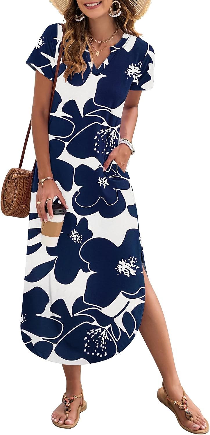 MISFAY Women's Short Sleeves Summer Maxi Dresses with Pocket | Notched V-neck, Side Splits, Two Pockets, Swing Sundress Hem, Loose Shirt Dress Fit, Ankle Length, Beach Vacation Outfits
