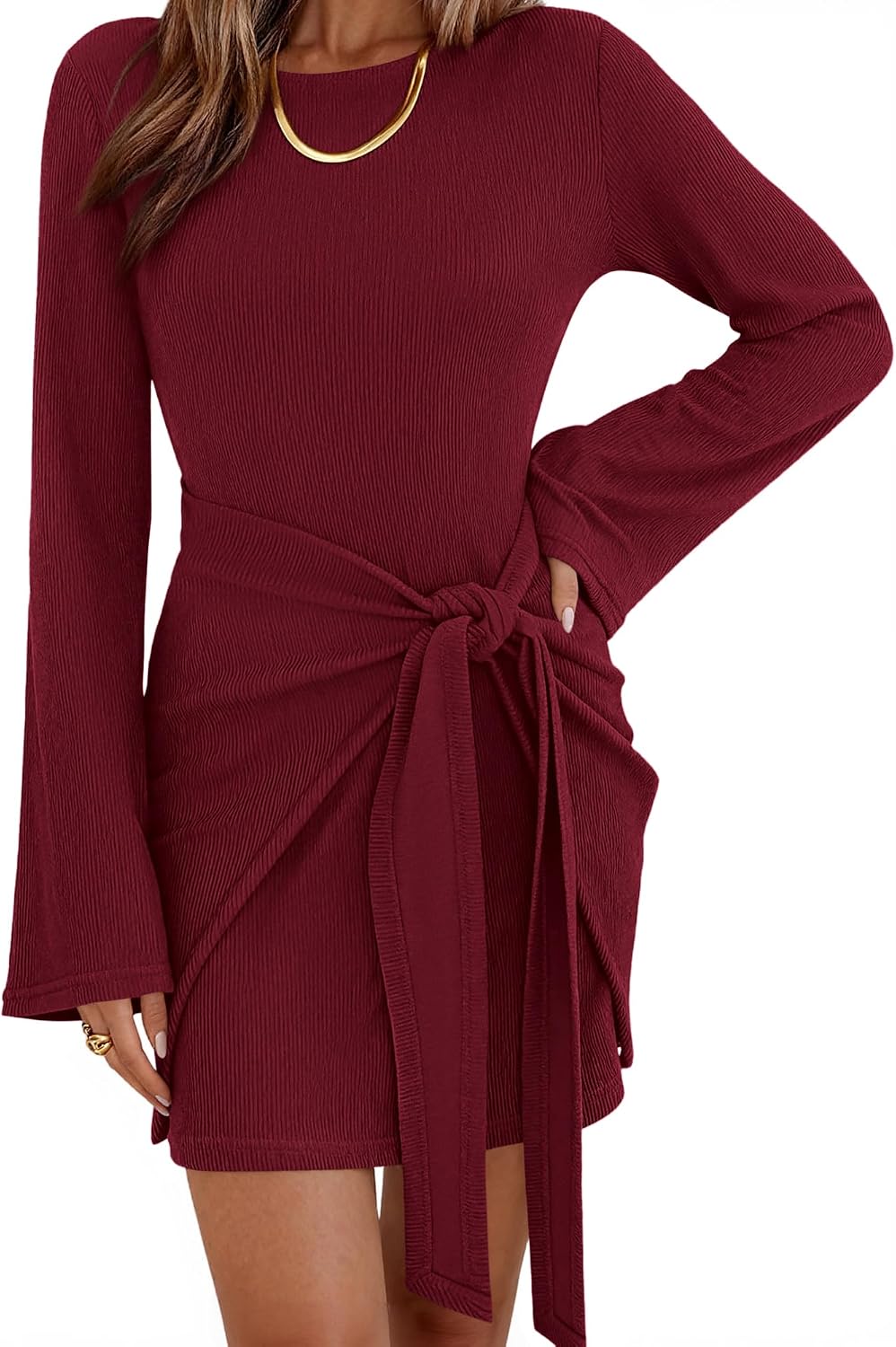 dowerme Women Bell Long Sleeve Tie Waist Bodycon Mini Dress | Casual Fall Fashion Boat Neck Short Dresses 2026,Cute Winter Tie Front Party Vacation Clothes,Soft Ribbed Knit Spring Outfits