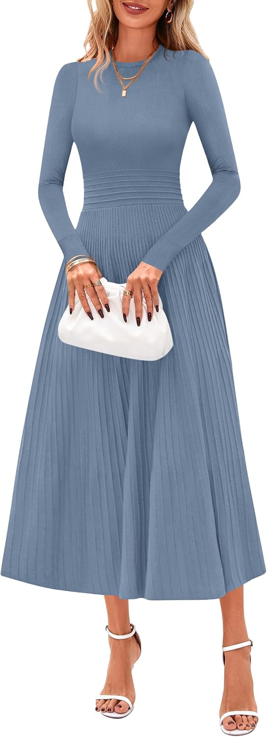 PRETTYGARDEN Women's Long Sleeve Knit Maxi Sweater Dress | Soft Pleated, Slim Fit A Line, Elegant Fall Wedding Guest Cocktail Holiday Parties Church Long Dresses, 2026 Winter Clothes