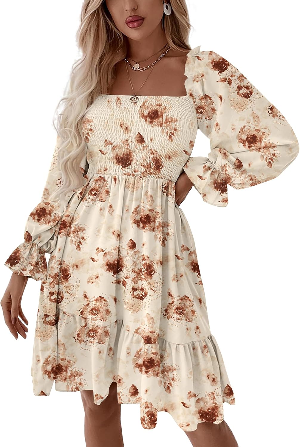LYANER Women's Shirred Party Mini Dress | Square Neck Lantern Long Sleeve Ruffle A Line Flowy Casual Short Dresses