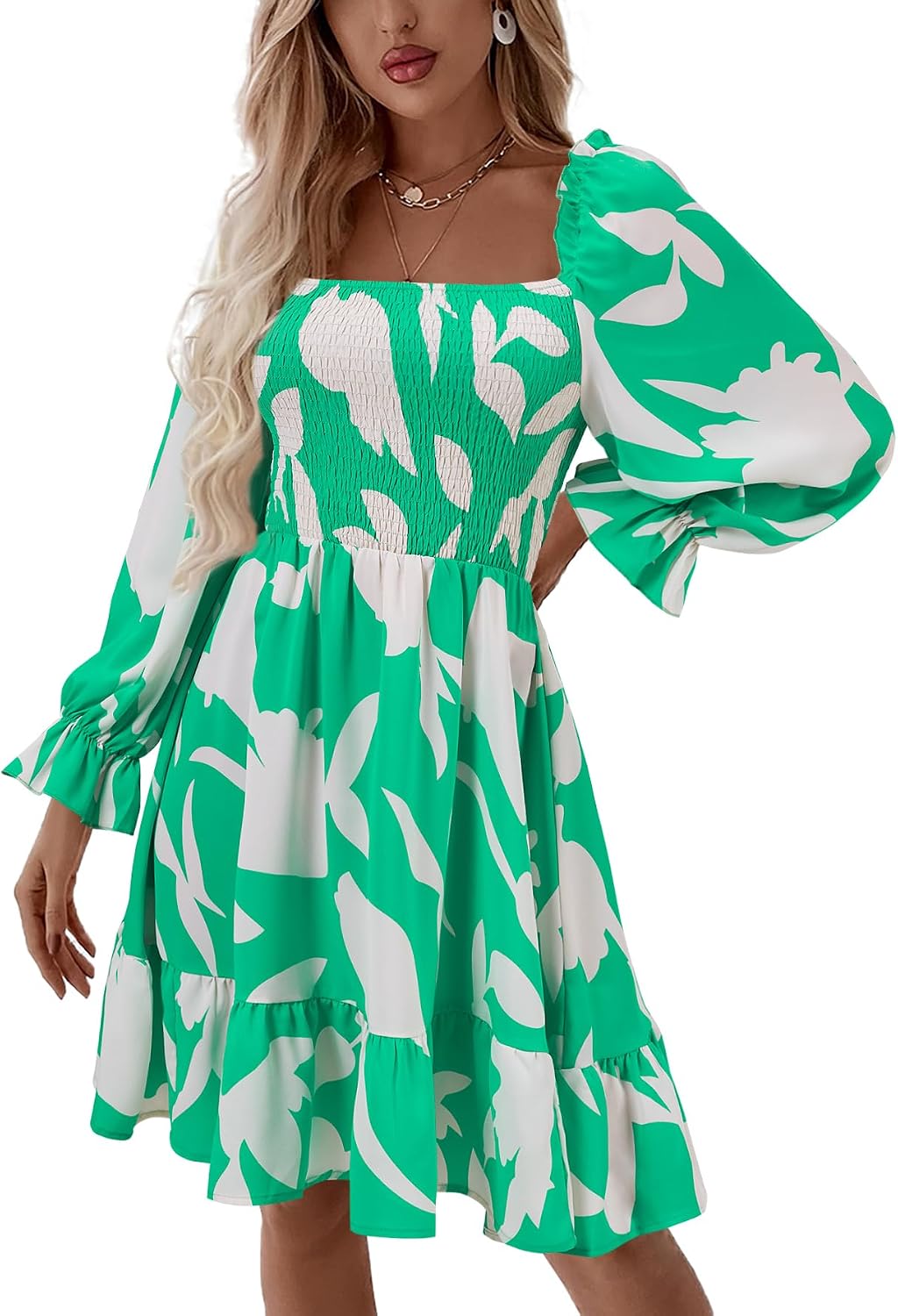 LYANER Women's Shirred Party Mini Dress | Square Neck Lantern Long Sleeve Ruffle A Line Flowy Casual Short Dresses