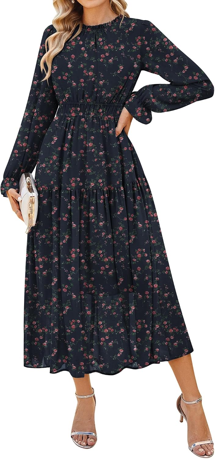GRACE KARIN Women's Floral Long Sleeve Fall Wedding Guest Maxi Dress | 2026 Chiffon,Side Pockets,Mock Neck,Smocked Tieded,A Line Flowy Outfits Suitable for Semi Formal\/Party\/Cocktail\/Boho