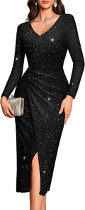 Bbonlinedress Women Formal Sequin Long Cocktail Prom Evening Party Dress | Maxi, Split, Glitter Sparkly, Bodycon, Long Sleeve Dress for Wedding Guest Homecoming Gala