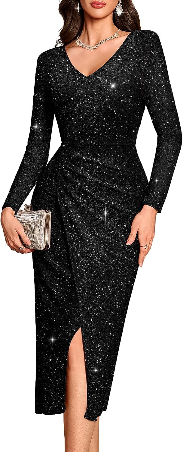 Bbonlinedress Women Formal Sequin Long Cocktail Prom Evening Party Dress | Maxi, Split, Glitter Sparkly, Bodycon, Long Sleeve Dress for Wedding Guest Homecoming Gala