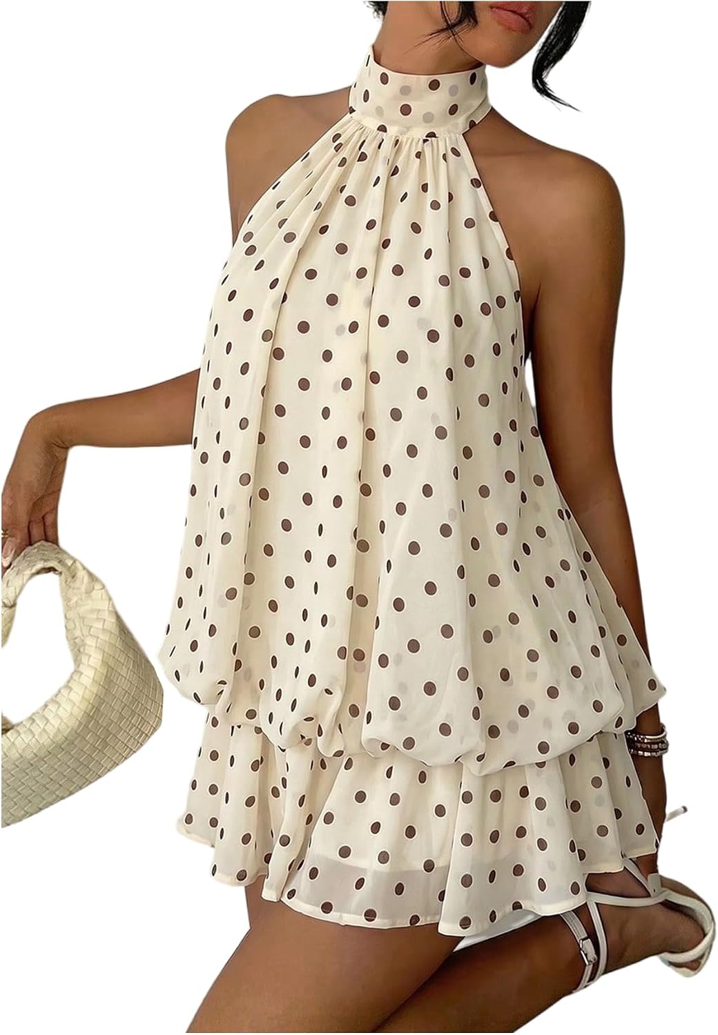 SHENHE Women's Halter Polka Dots Backless Ruffle Hem Mini Party Dress | Flowy Layered Bubble Ruffle Cut, Suitable for Party Holiday and Wedding Occasion Styling