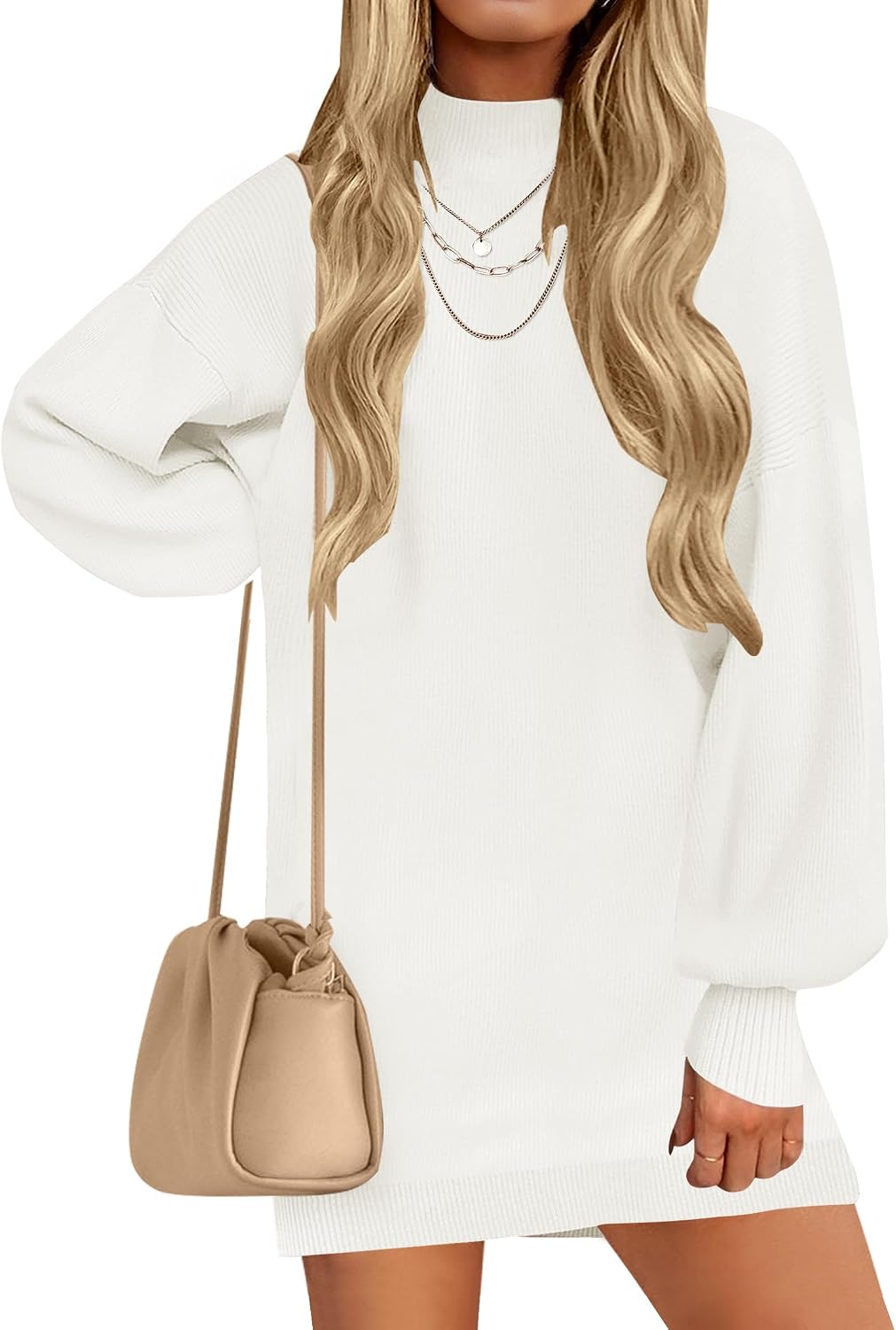 ZESICA Women's 2026 Fall Mock Neck Mini Sweater Dress Pullover Knit Dresses | Long Lantern Sleeve, Oversized, Soft, Cozy, Ribbed Knit, Elegant, 2026 Fall Fashion, Winter Dresses, Dressy Casual Clothes