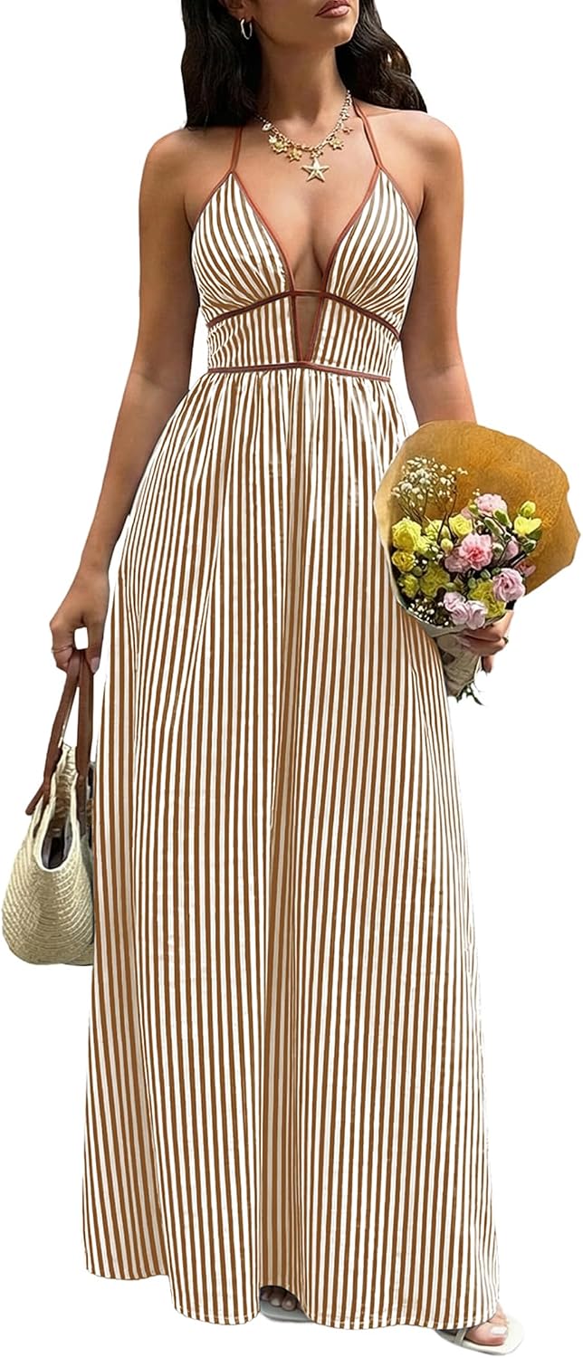 Women's Summer Sleeveless Striped Smocked Flowy Swing Maxi Halter V Neck A Line Casual Long Beach Vacation Dresses