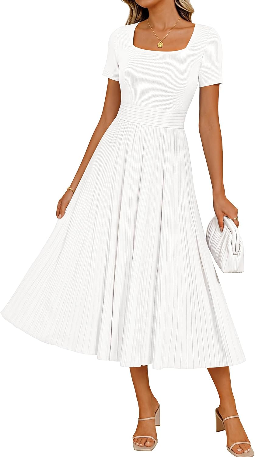 ZESICA Womens Elegant Pleated Wedding Guest Midi Sweater Dress | Square Neck, Short Sleeve, A-Line, Business Casual Outfits, For Summer, Early Fall, Winter Layering