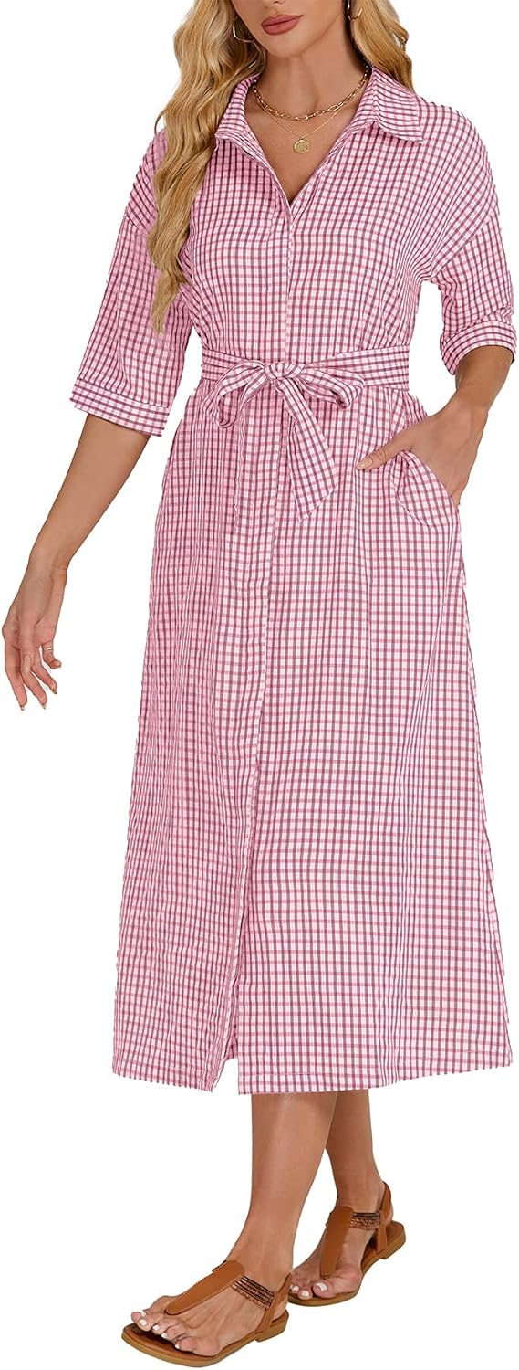 Women's 2026 Summer Gingham Maxi Dress Half Sleeve Casual Plaid Button Down Long Belted Shirt Dress