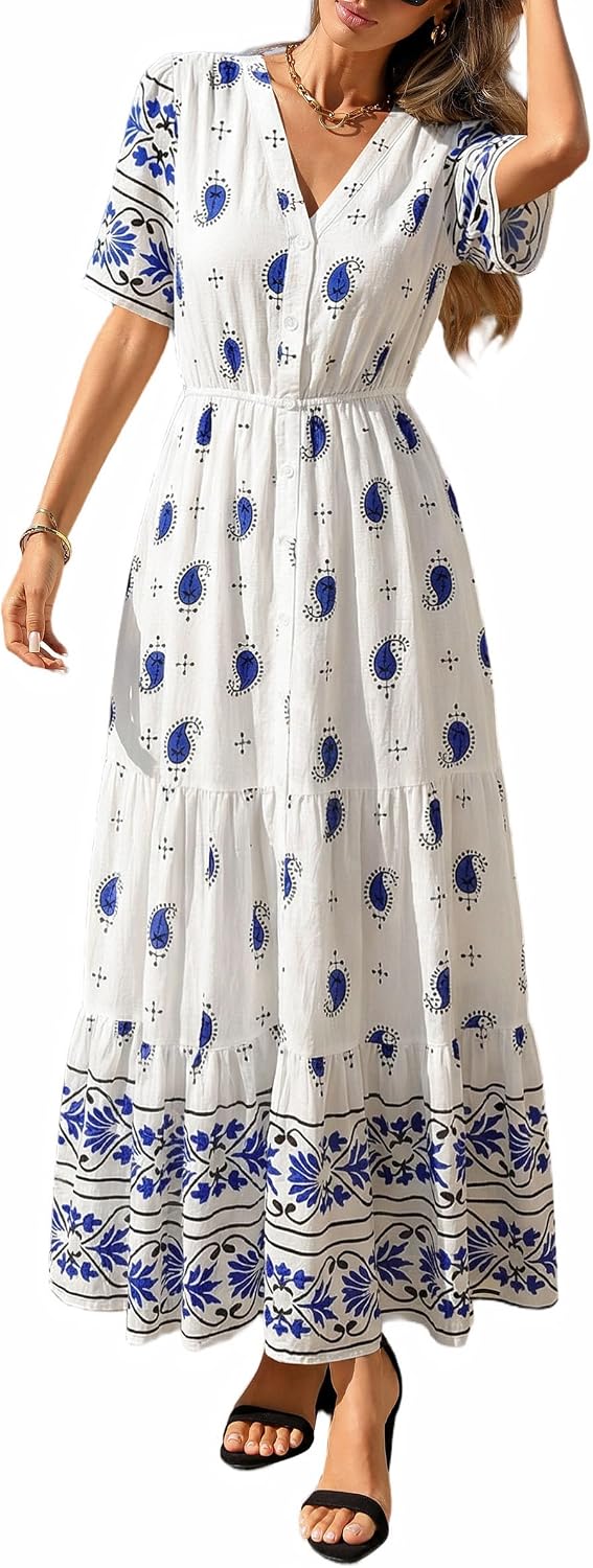 PRETTYGARDEN Womens Short Sleeve Boho Maxi Dress | Floral Tiered Flowy Fit, Fashion Button Front, V Neck Long Dresses With Pockets, Casual Beach Vacation Outfits, Summer Wear
