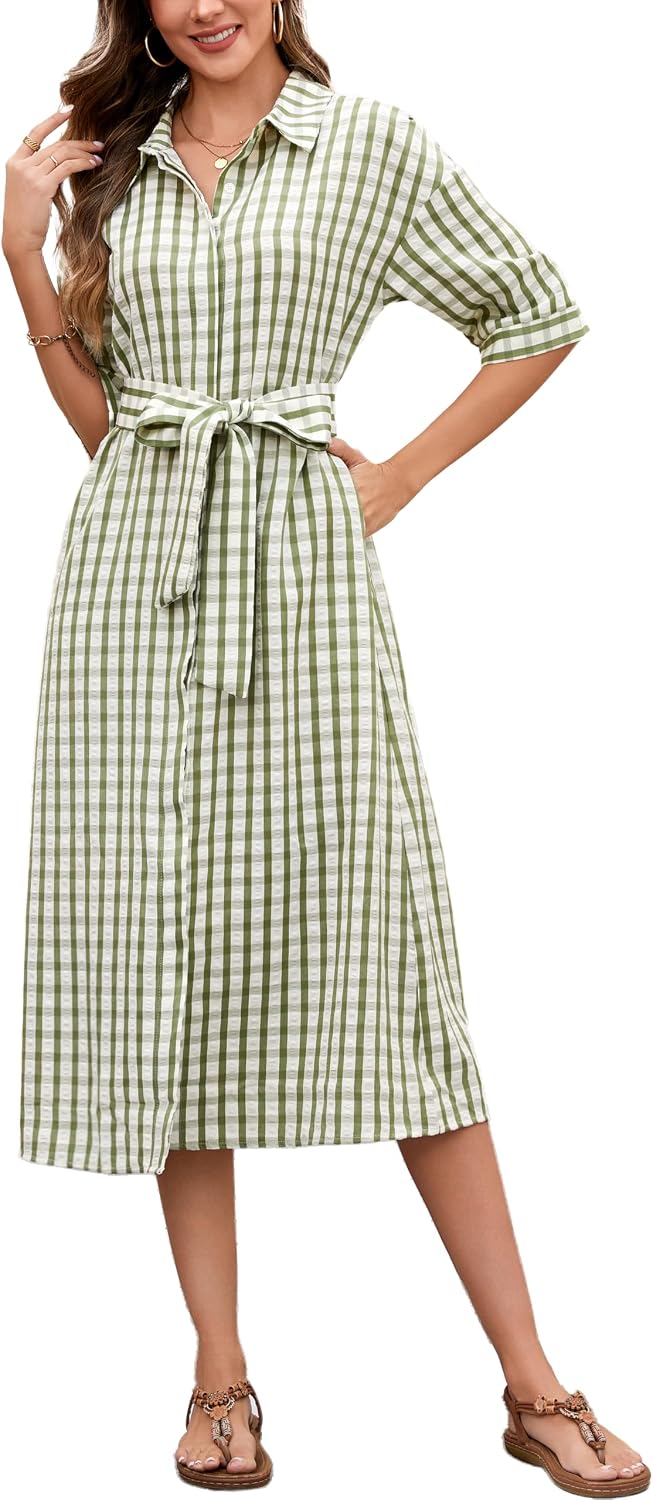 Women's 2026 Summer Gingham Maxi Dress Half Sleeve Casual Plaid Button Down Long Belted Shirt Dress