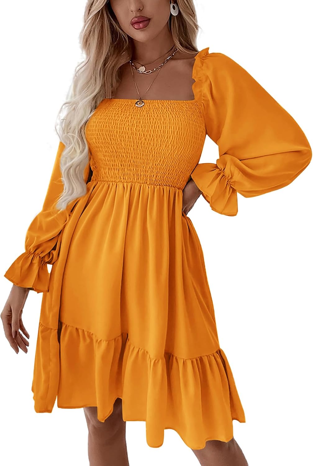 LYANER Women's Shirred Party Mini Dress | Square Neck Lantern Long Sleeve Ruffle A Line Flowy Casual Short Dresses