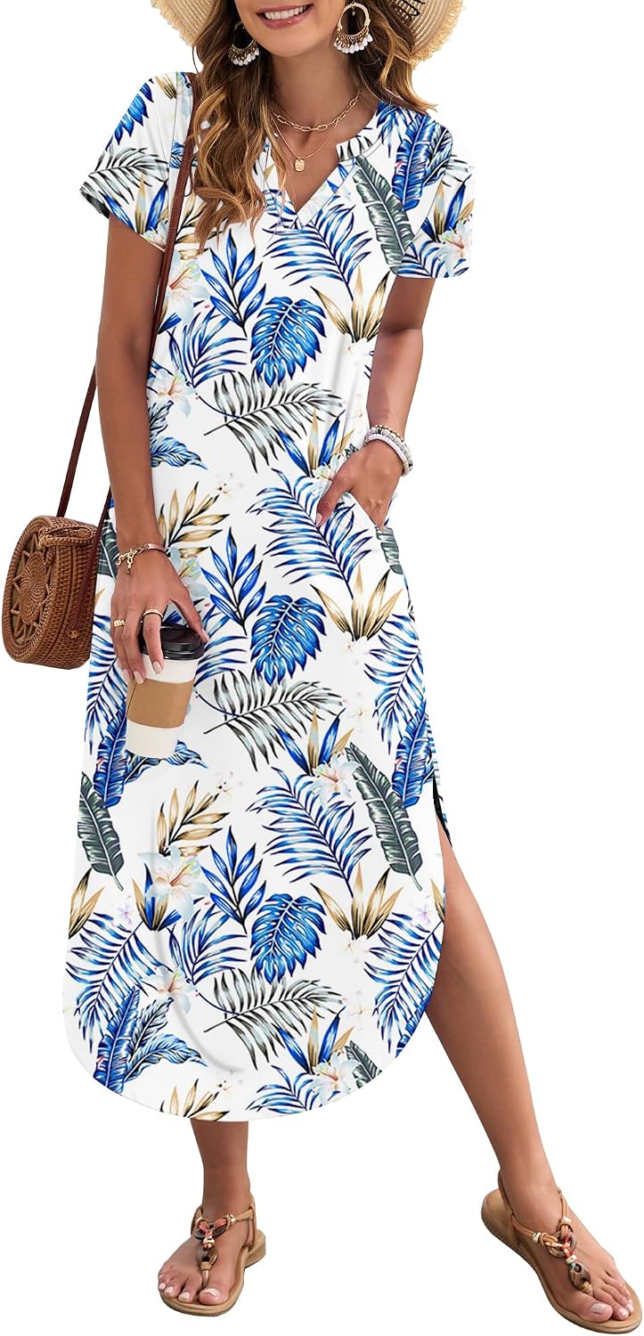 MISFAY Women's Short Sleeves Summer Maxi Dresses with Pocket | Notched V-neck, Side Splits, Two Pockets, Swing Sundress Hem, Loose Shirt Dress Fit, Ankle Length, Beach Vacation Outfits