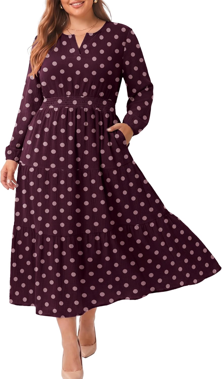 OLRIK Plus Size Fall Maxi Dress for Curvy Women Long Sleeve Pockets | Smocked Waist Tiered Skirt Deep Pockets Autumn Boho Maxi Dress for Wedding Guest Family Photo Teacher or Work Casual