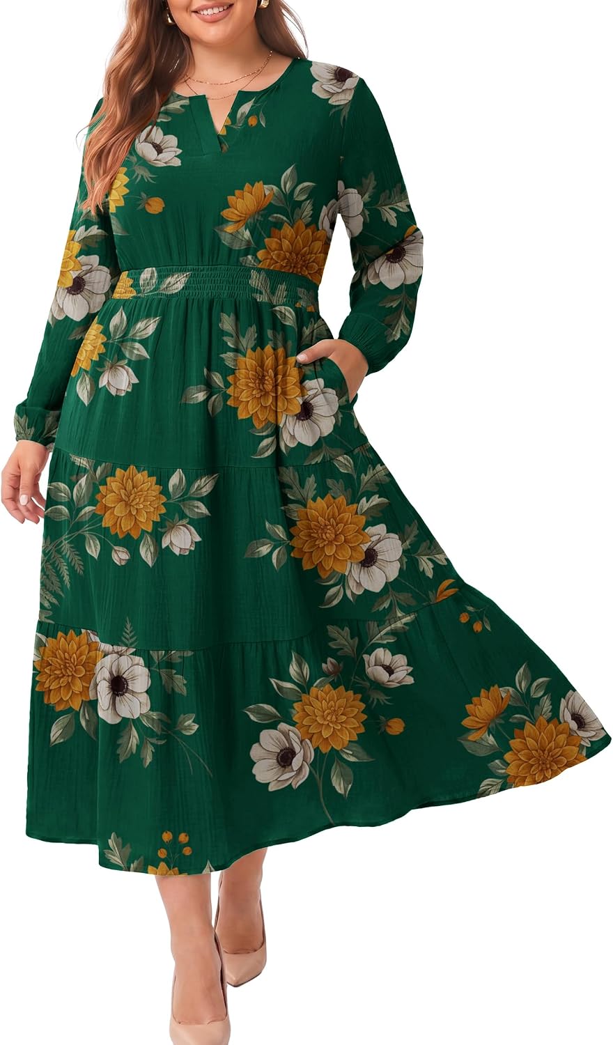 OLRIK Plus Size Fall Maxi Dress for Curvy Women Long Sleeve Pockets | Smocked Waist Tiered Skirt Deep Pockets Autumn Boho Maxi Dress for Wedding Guest Family Photo Teacher or Work Casual