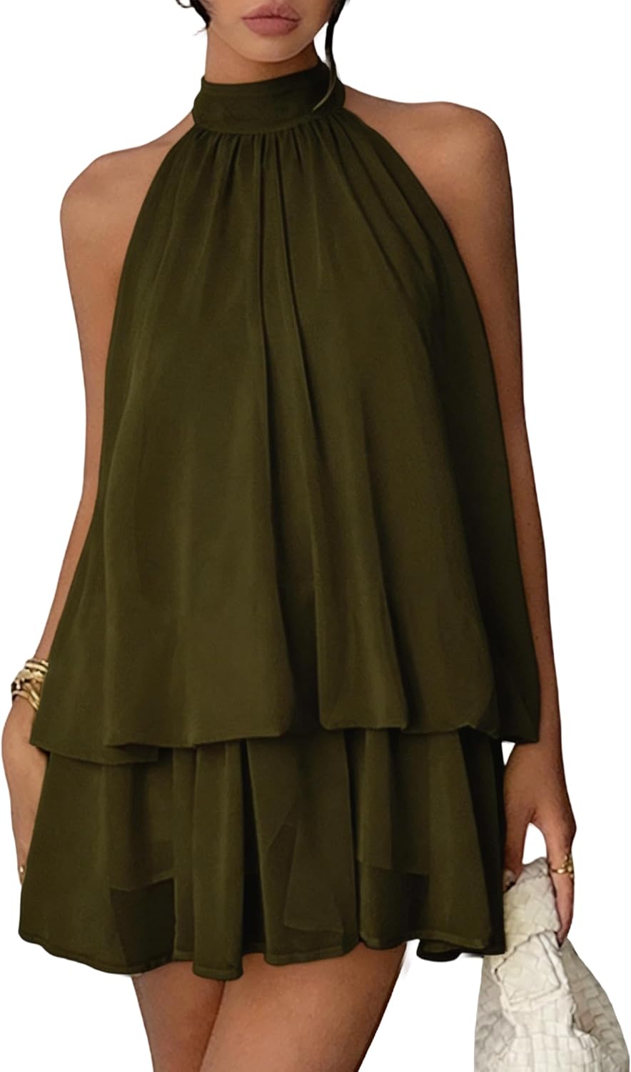 Chiffon Dresses for Women Sexy Halter Backless Drop Waist Mini Dress | Ruffle Open Back Wedding Guest Dresses Bubble Night Out Cocktail Dress Beach Vacation Birthday Party